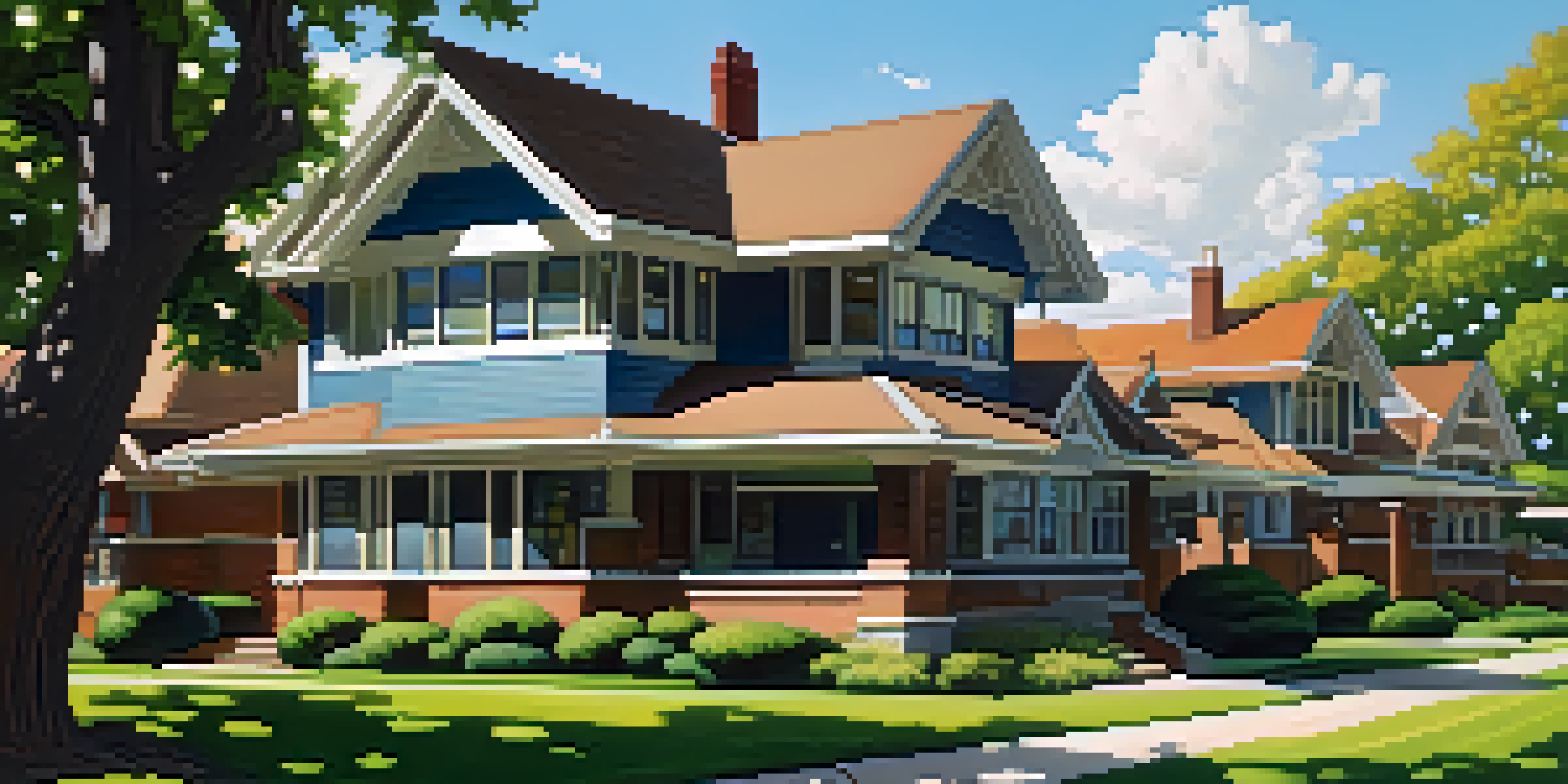 A scenic view of a row of Frank Lloyd Wright's Prairie style homes in Oak Park, surrounded by greenery under a clear blue sky.