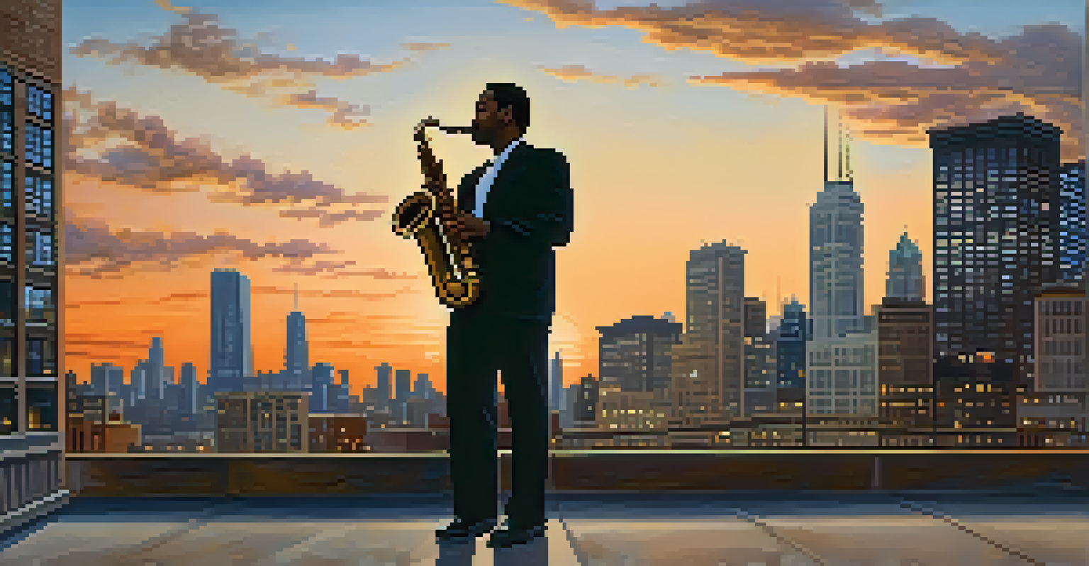 A saxophonist on a rooftop against the Chicago skyline at sunset, illustrating the connection between jazz and the city.