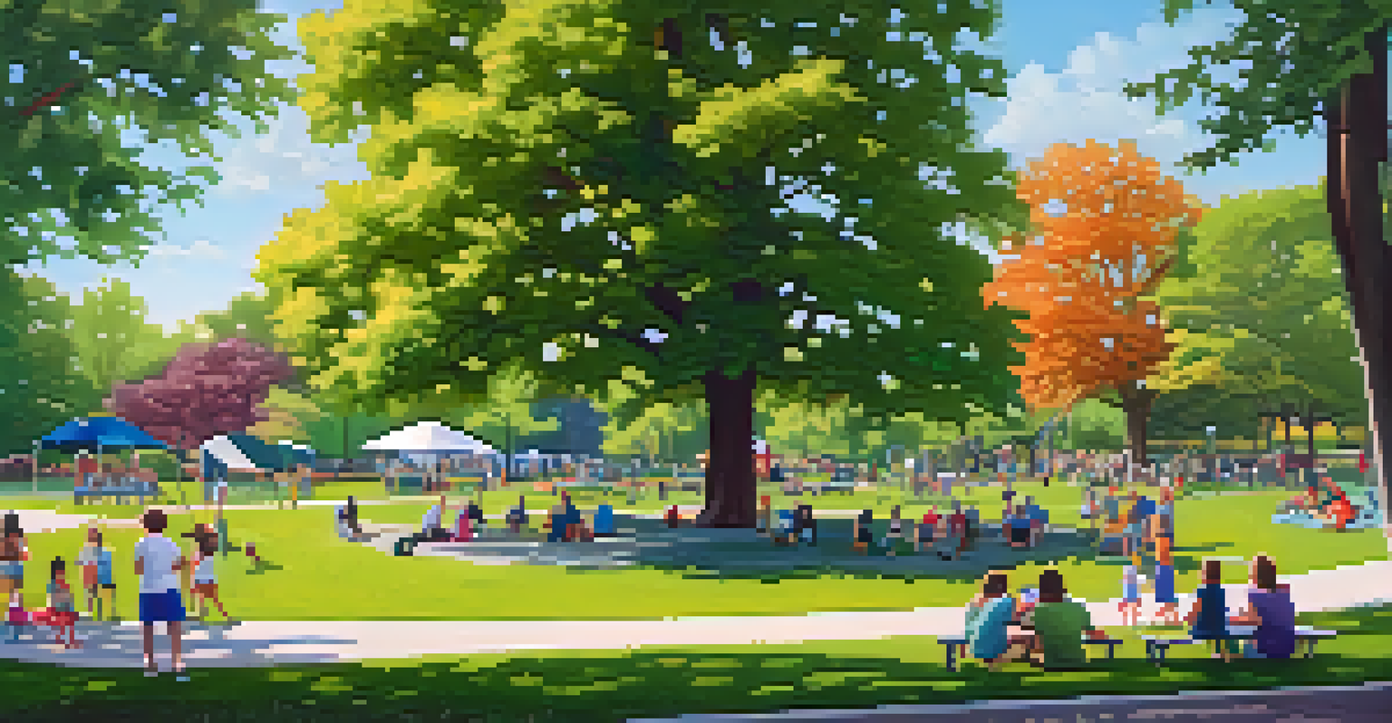 A peaceful scene at Scoville Park in Oak Park, showcasing families picnicking, children playing, and a live band performing, surrounded by greenery and colorful flowers.
