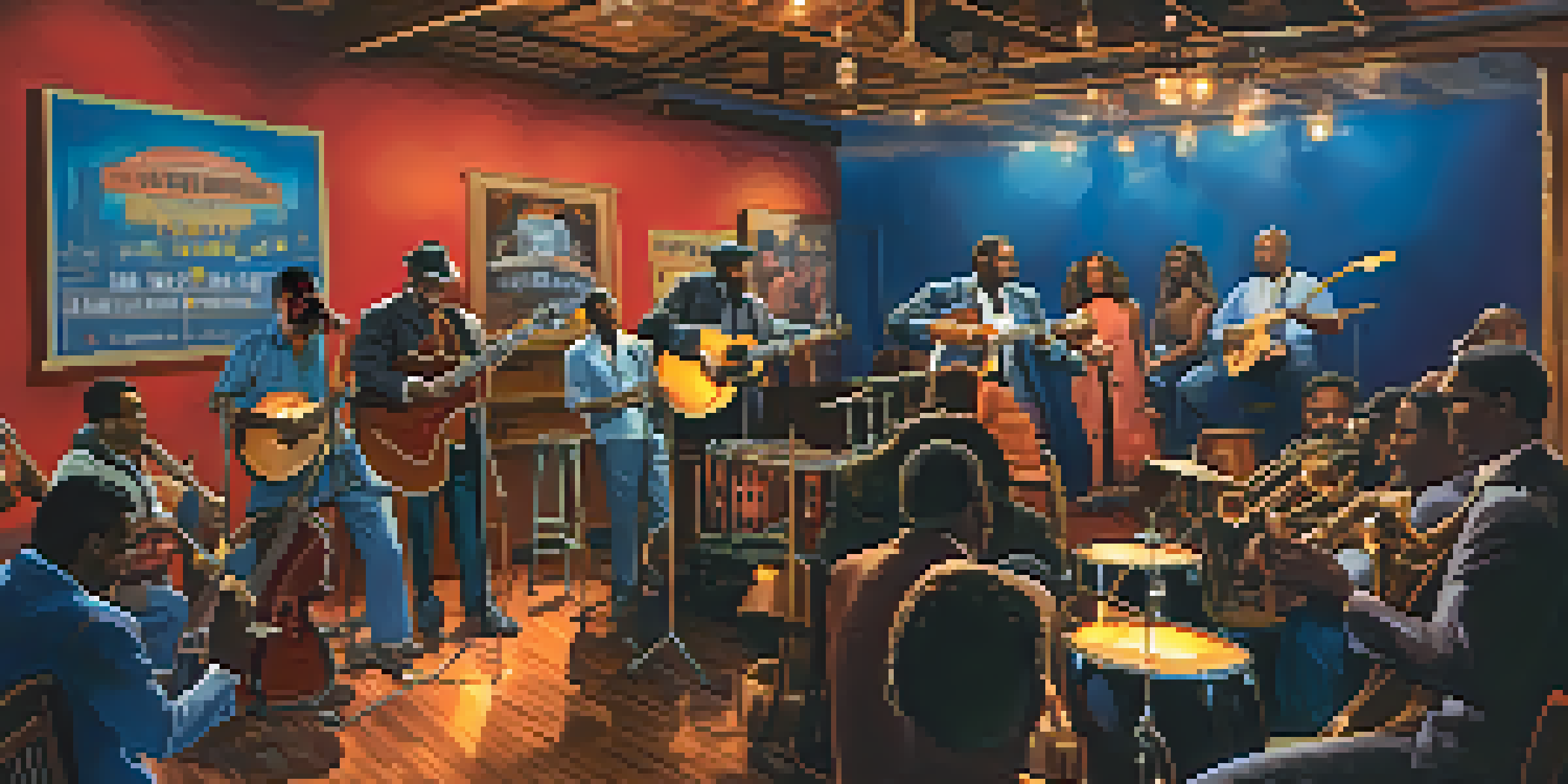 A lively Chicago blues club with musicians performing on stage, surrounded by an engaged audience and warm lighting.