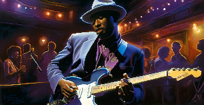 A blues musician performing with an electric guitar on stage in a lively Chicago club, with colorful lighting and an attentive audience.