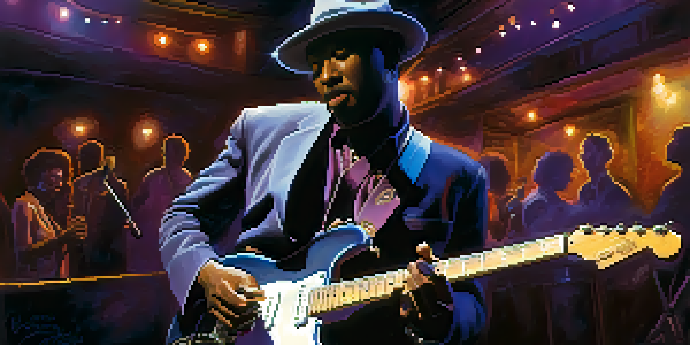 A blues musician performing with an electric guitar on stage in a lively Chicago club, with colorful lighting and an attentive audience.