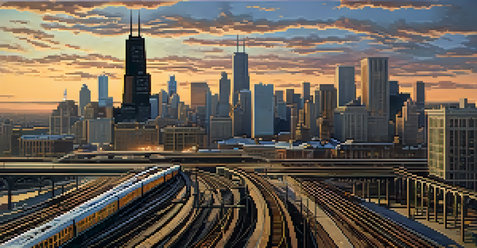 A panoramic view of Chicago's skyline with a railway network in the foreground, featuring modern skyscrapers and a sunset backdrop.