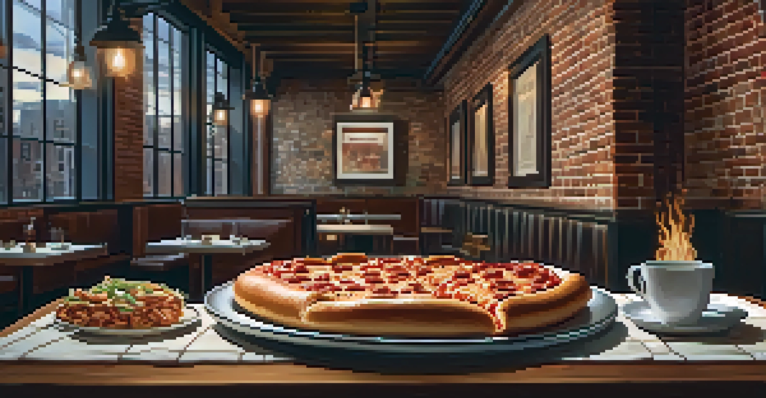 A beautifully presented deep-dish pizza and Chicago-style hot dog on a rustic table in a cozy restaurant.