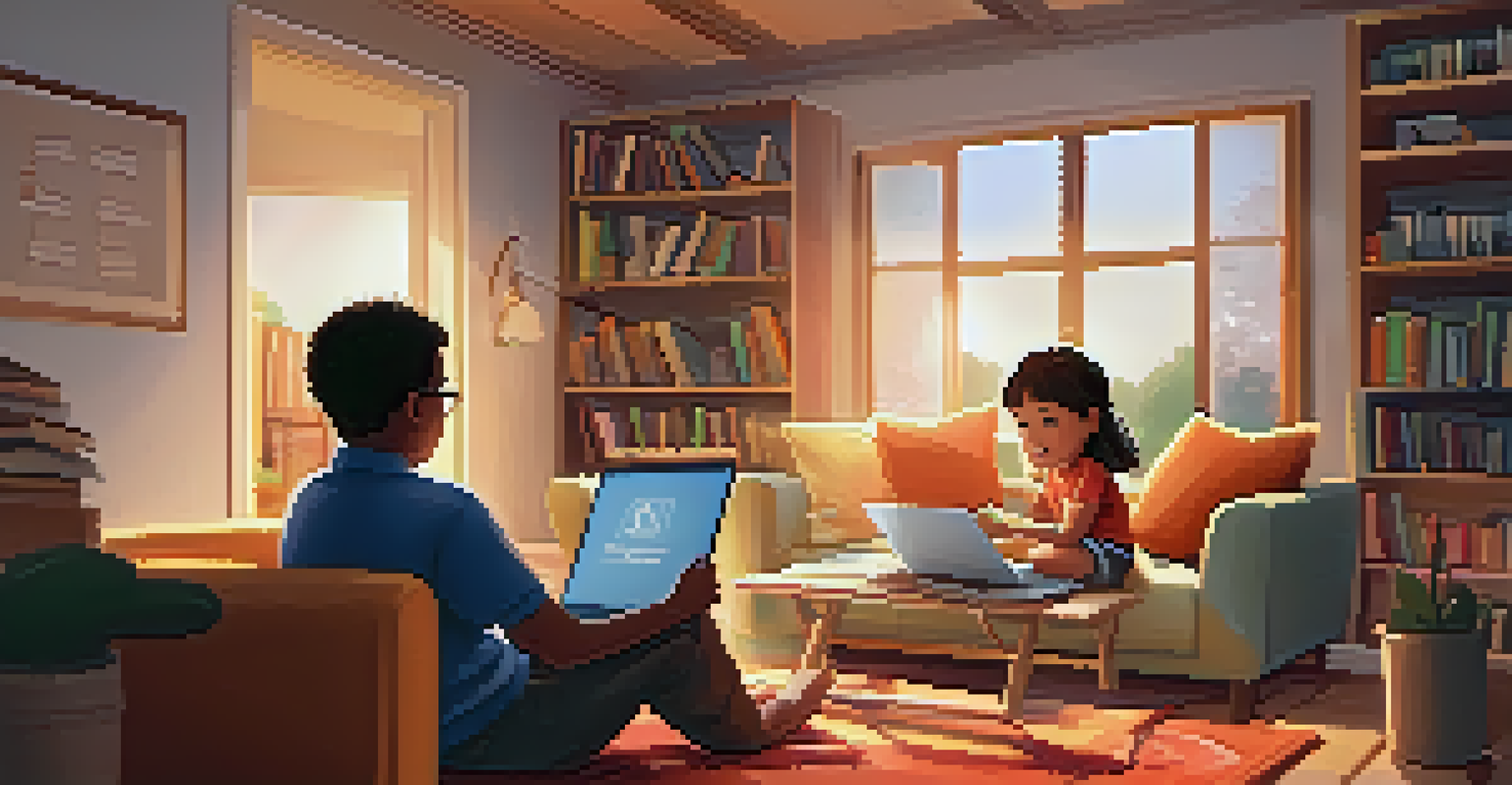A child attending an online class on a laptop in a cozy living room with a parent assisting, showcasing the importance of digital learning.