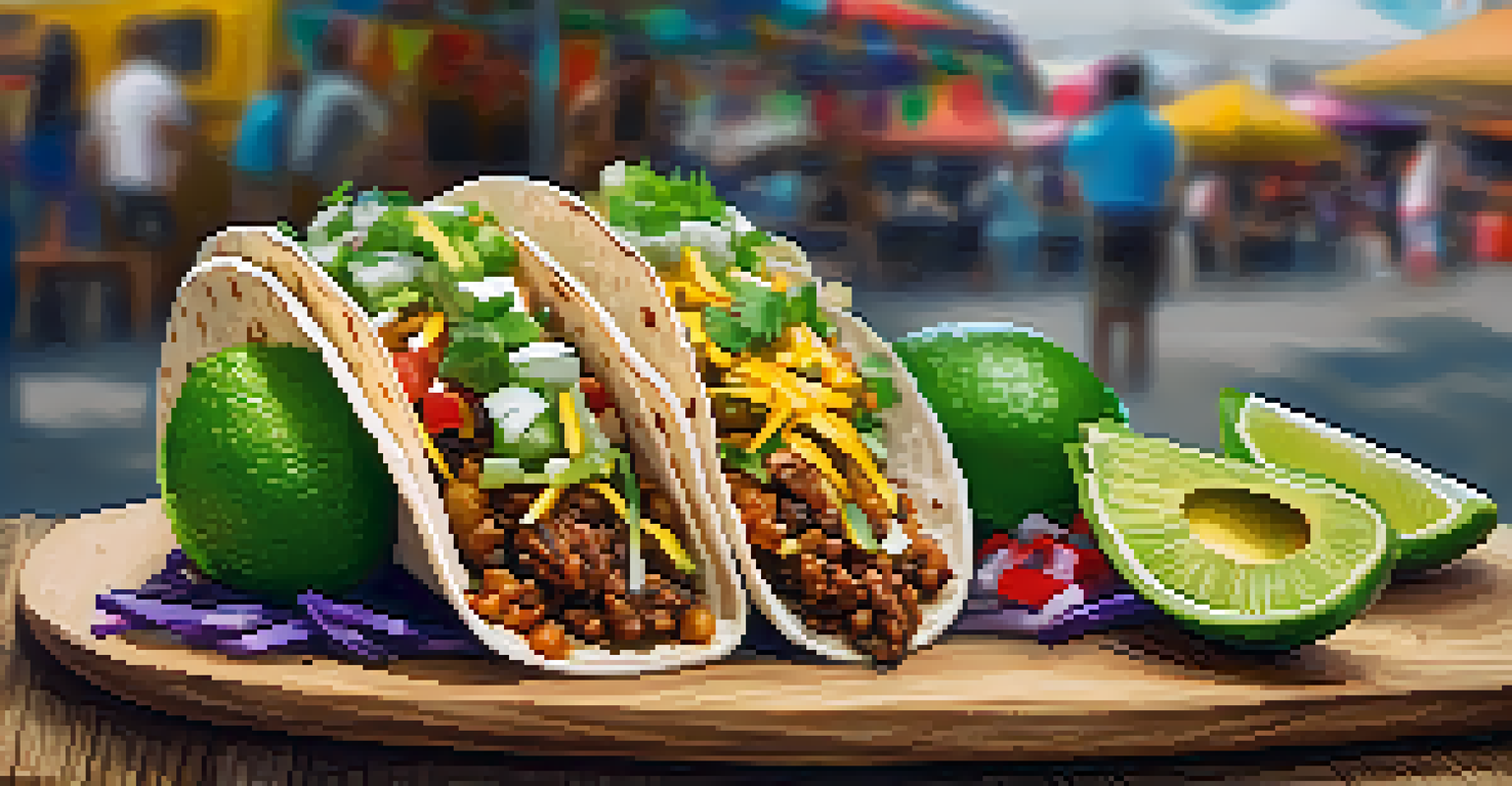A close-up of a delicious gourmet taco filled with fresh ingredients on a wooden plate at a food truck festival.