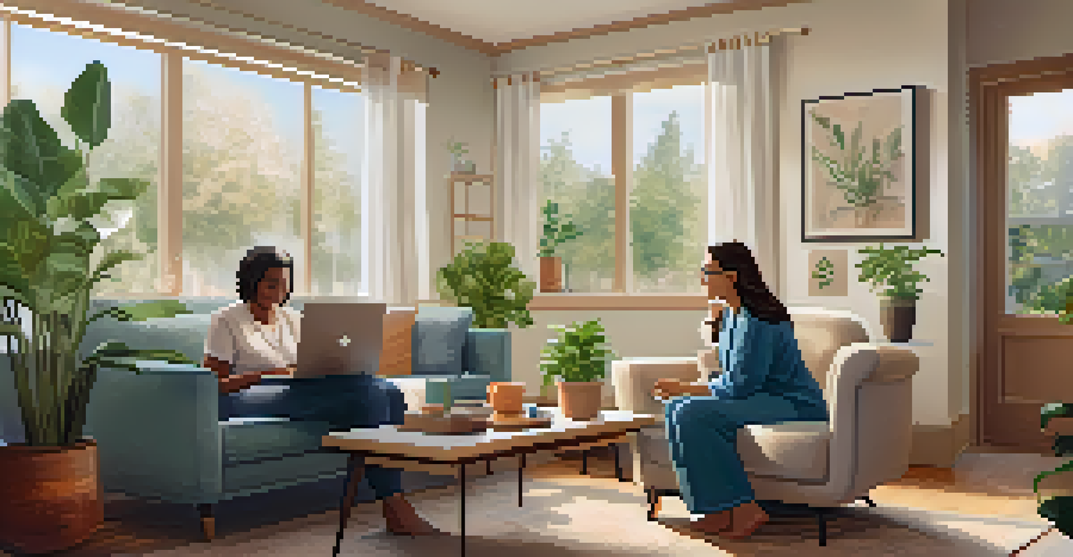A person engaging in a telehealth consultation from their cozy living room, showcasing a laptop with a healthcare provider on the screen.