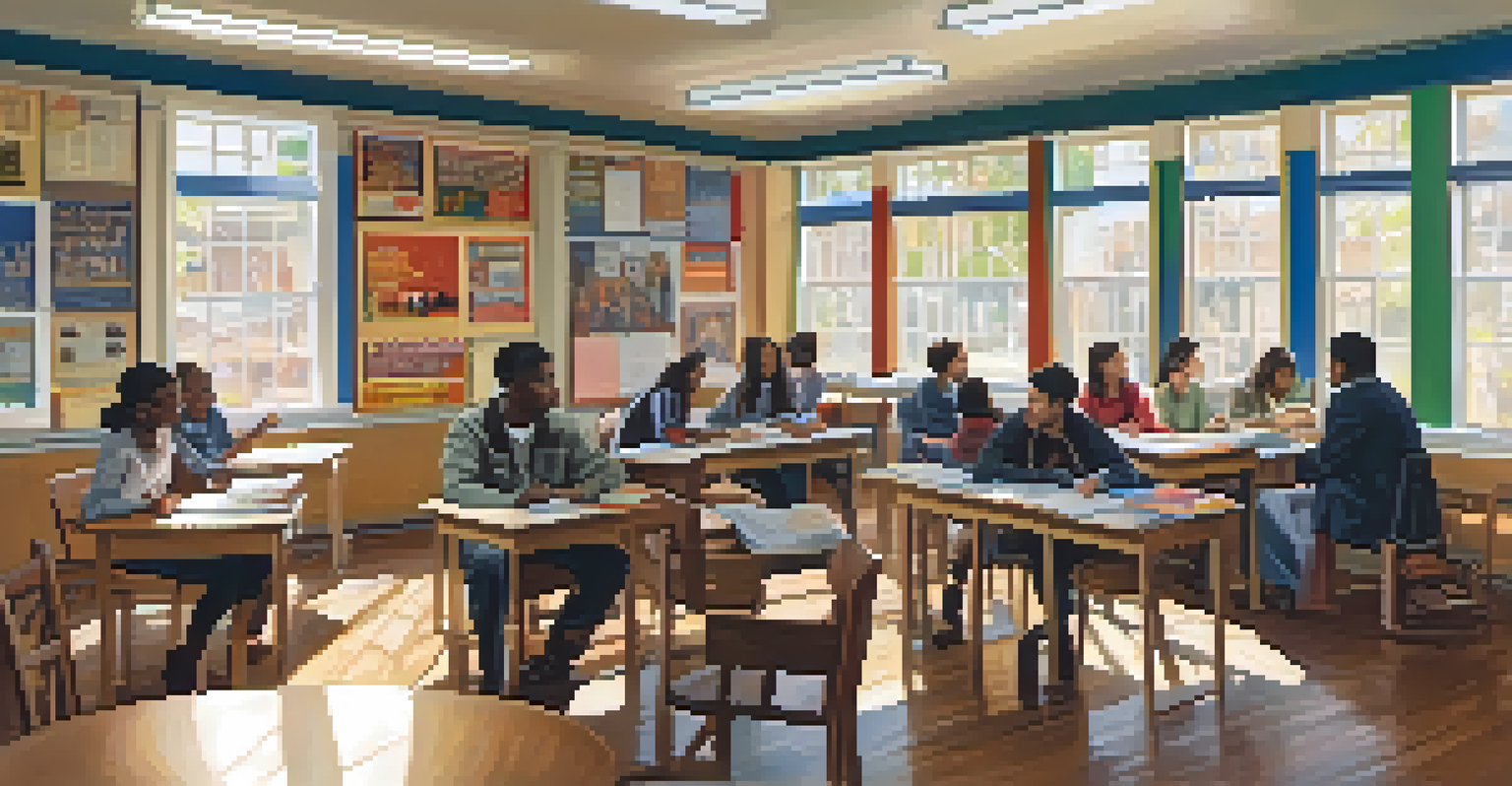 Students of diverse ethnic backgrounds discussing civil rights in a classroom filled with educational materials.