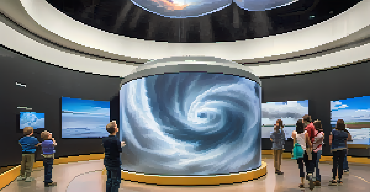 Visitors engaging with a large tornado simulator in an interactive science exhibit, surrounded by digital weather displays.