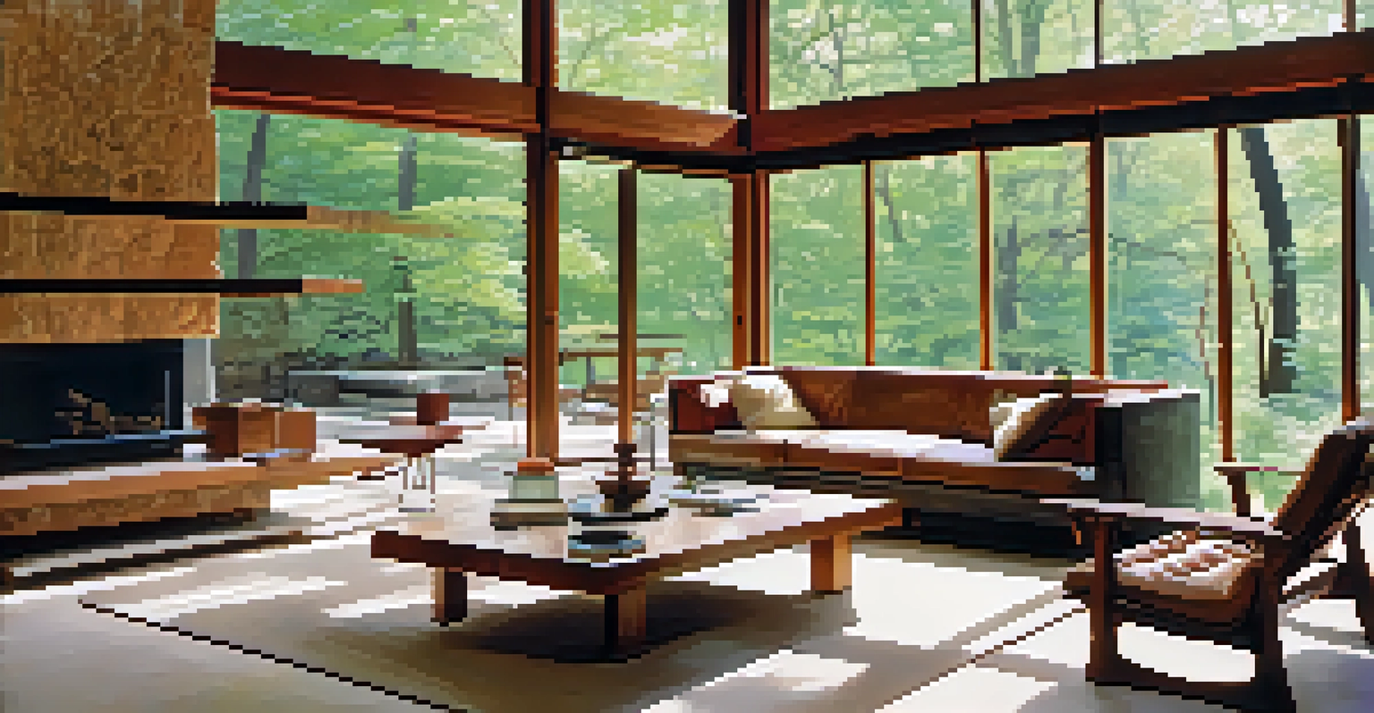 An interior view of a modernist home with large windows and an open floor plan, showcasing natural materials.