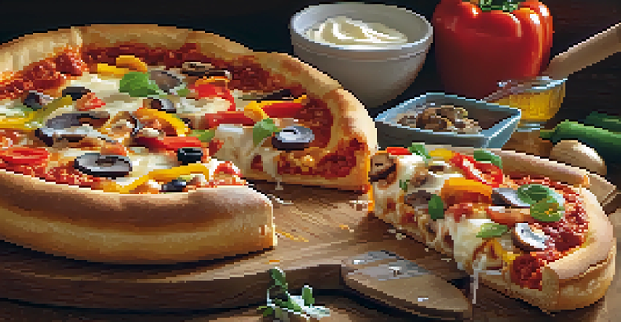 A close-up of a Chicago-style deep-dish pizza with a thick crust, melted cheese, and colorful toppings on a wooden cutting board.