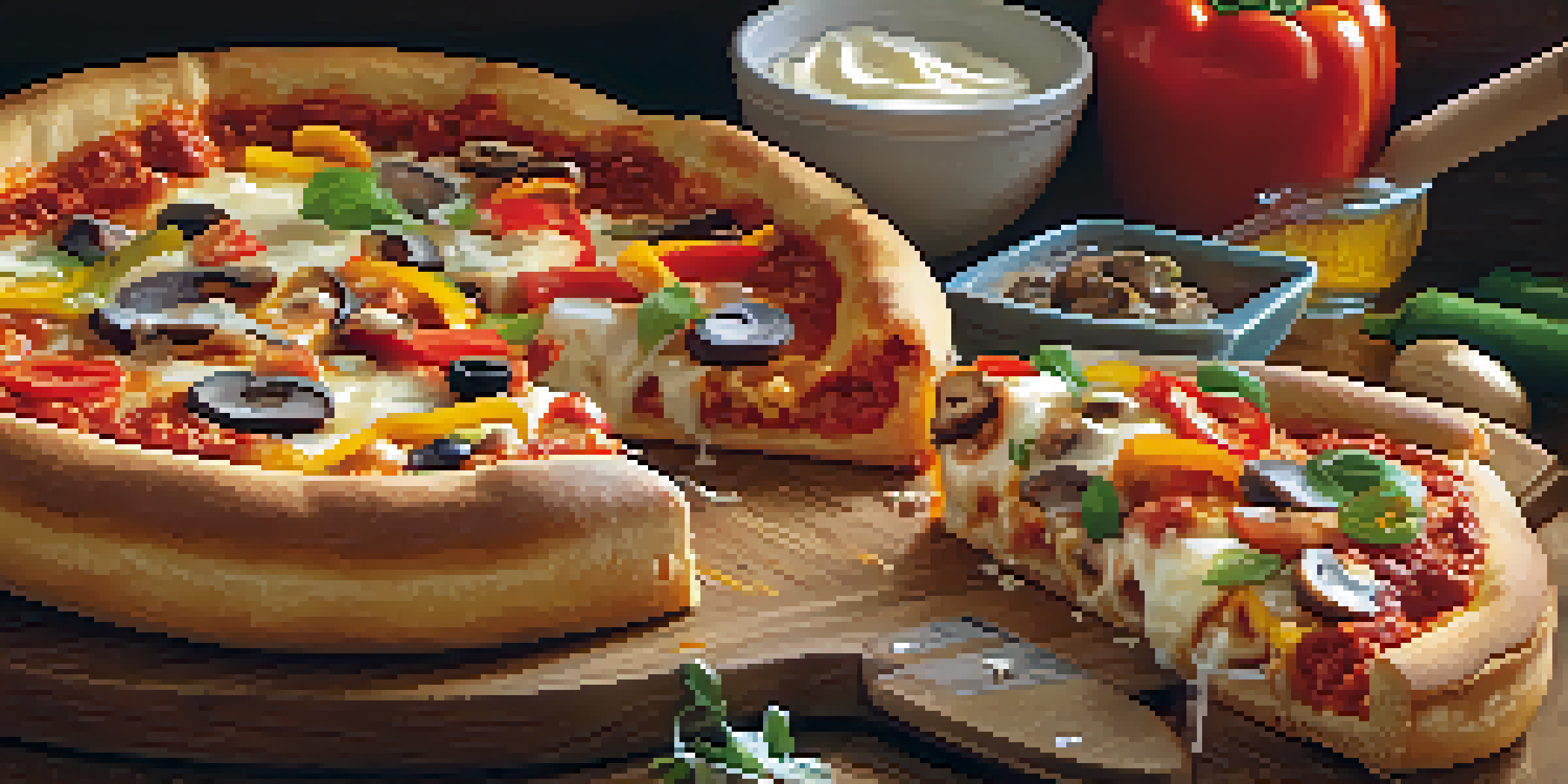 A close-up of a Chicago-style deep-dish pizza with a thick crust, melted cheese, and colorful toppings on a wooden cutting board.