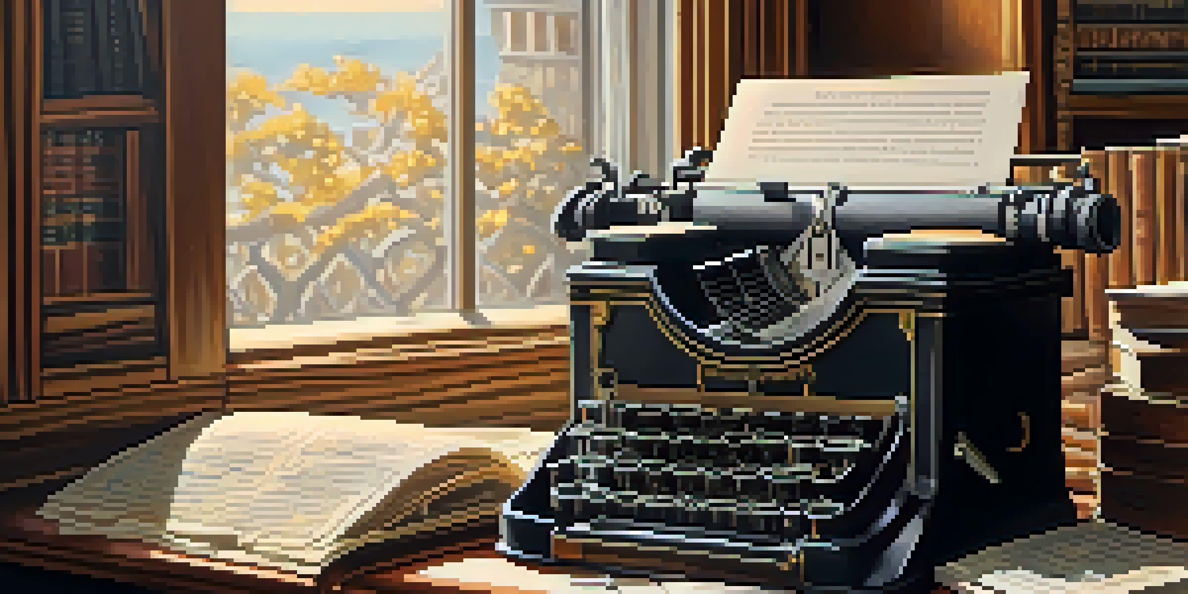 A vintage typewriter with crumpled papers, warm light through a window, and a bookshelf filled with classic literature in the background.