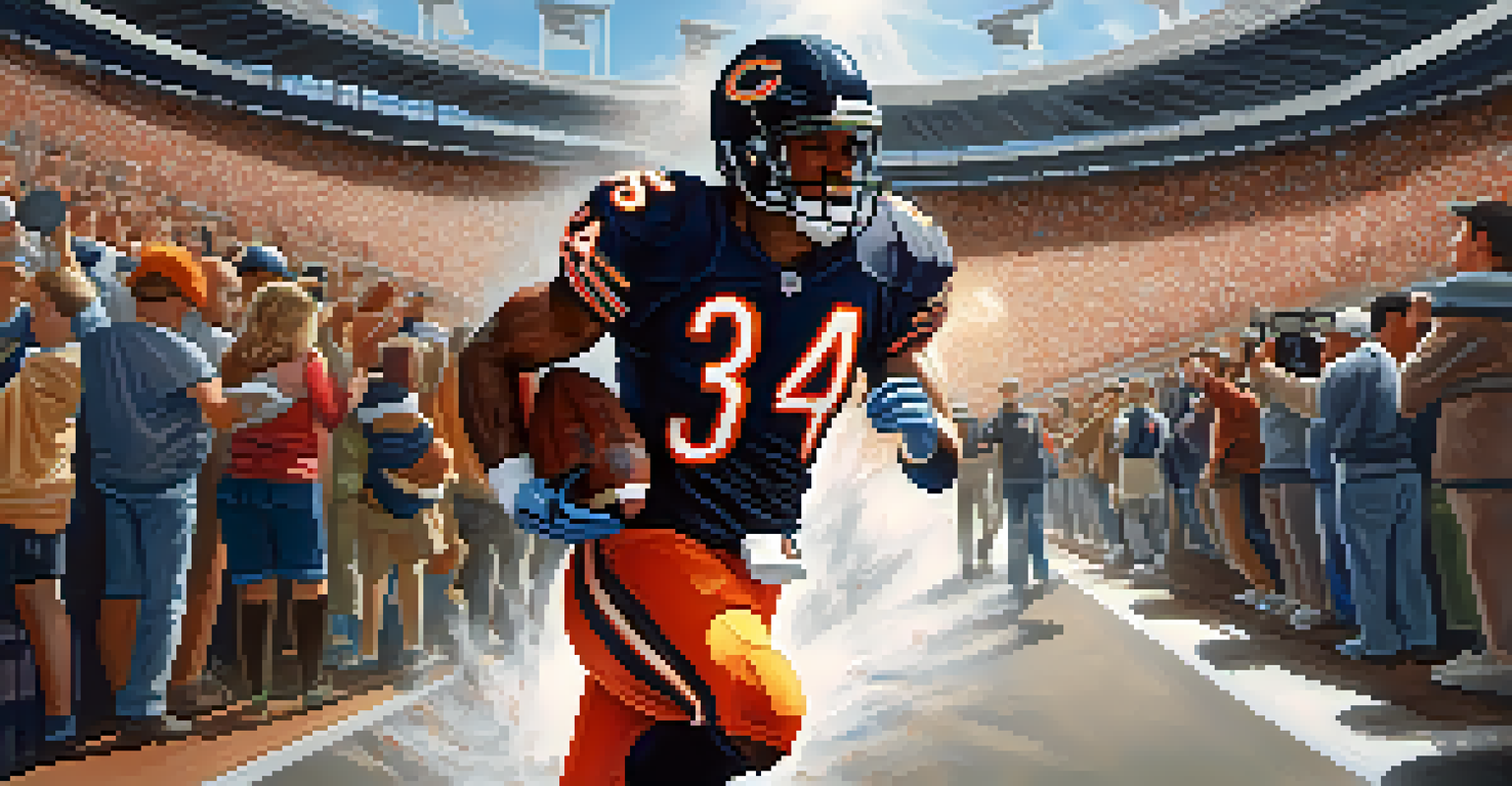 A football player in gear running through a tunnel towards a cheering stadium, wearing a number 34 jersey representing the Chicago Bears.