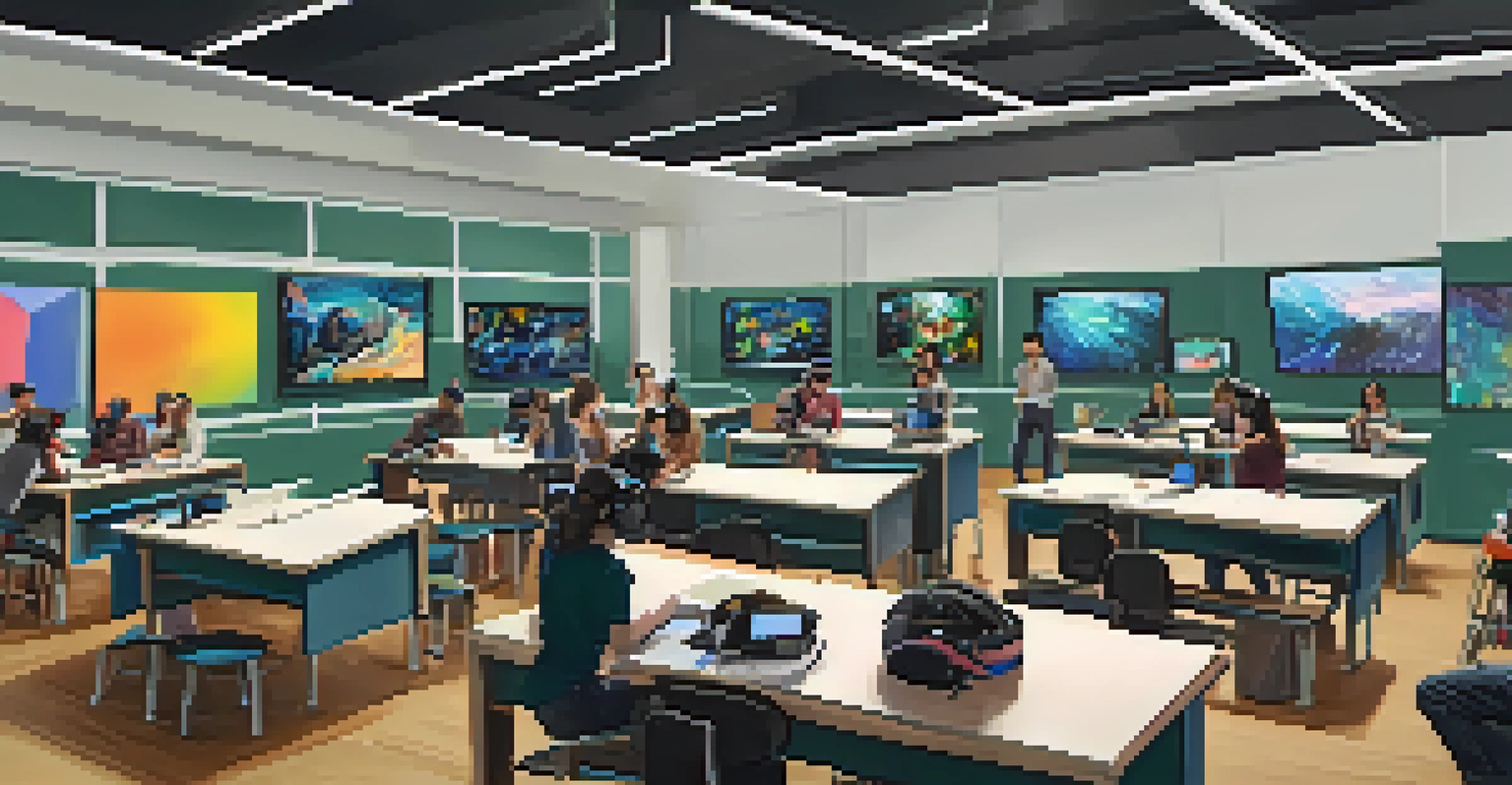 Students in a bright art classroom experimenting with digital media, wearing VR headsets, and working on interactive installations.