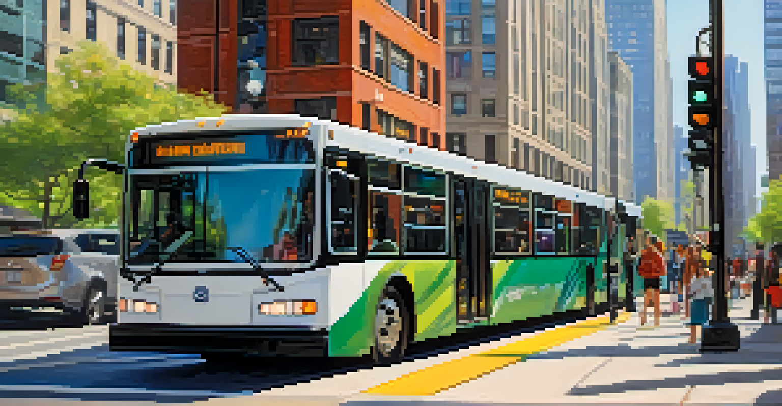 A contemporary scene of Chicago's public transportation, with eco-friendly buses and diverse passengers in a sunny urban environment.