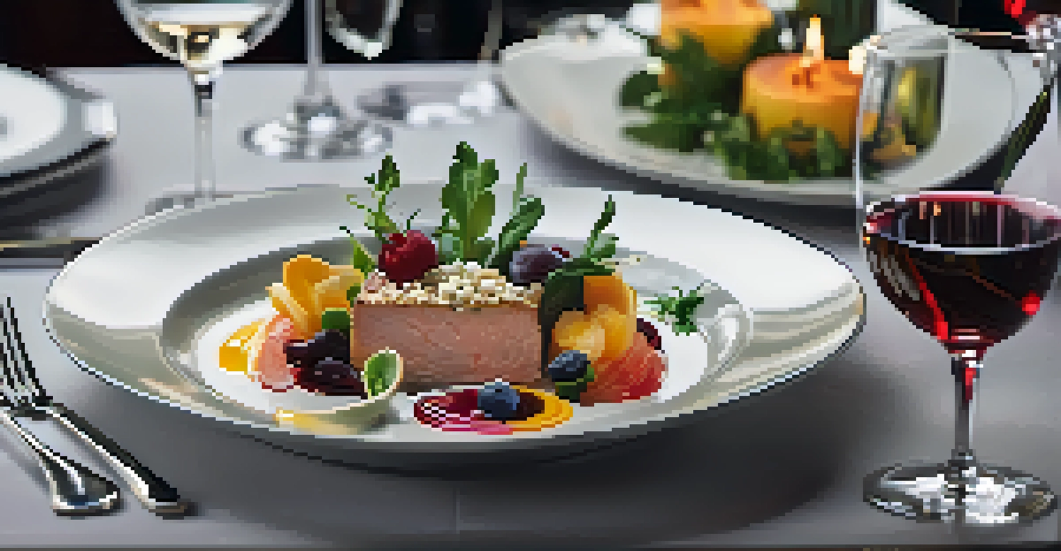 An elegant gourmet dish with vibrant colors, artfully presented, surrounded by wine glasses and soft candlelight.