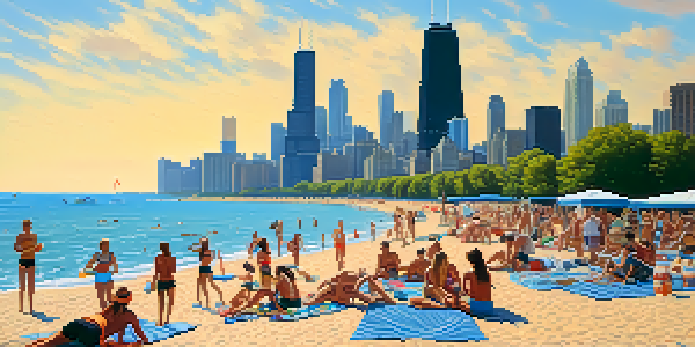 A busy beach scene with people playing volleyball, sunbathing, and the Chicago skyline in the background.