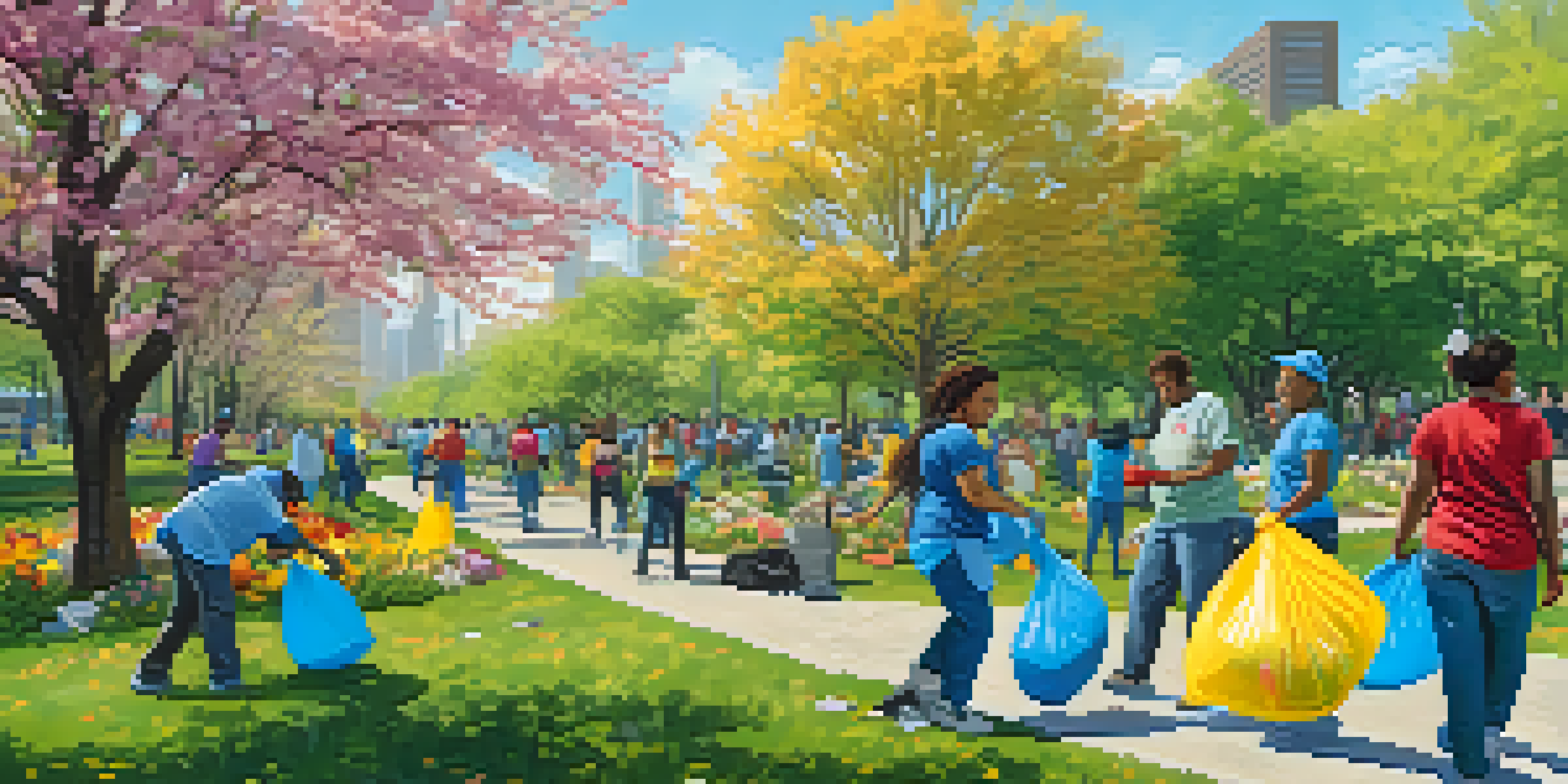 A diverse group of volunteers cleaning up a park in Chicago, showcasing teamwork and community spirit.