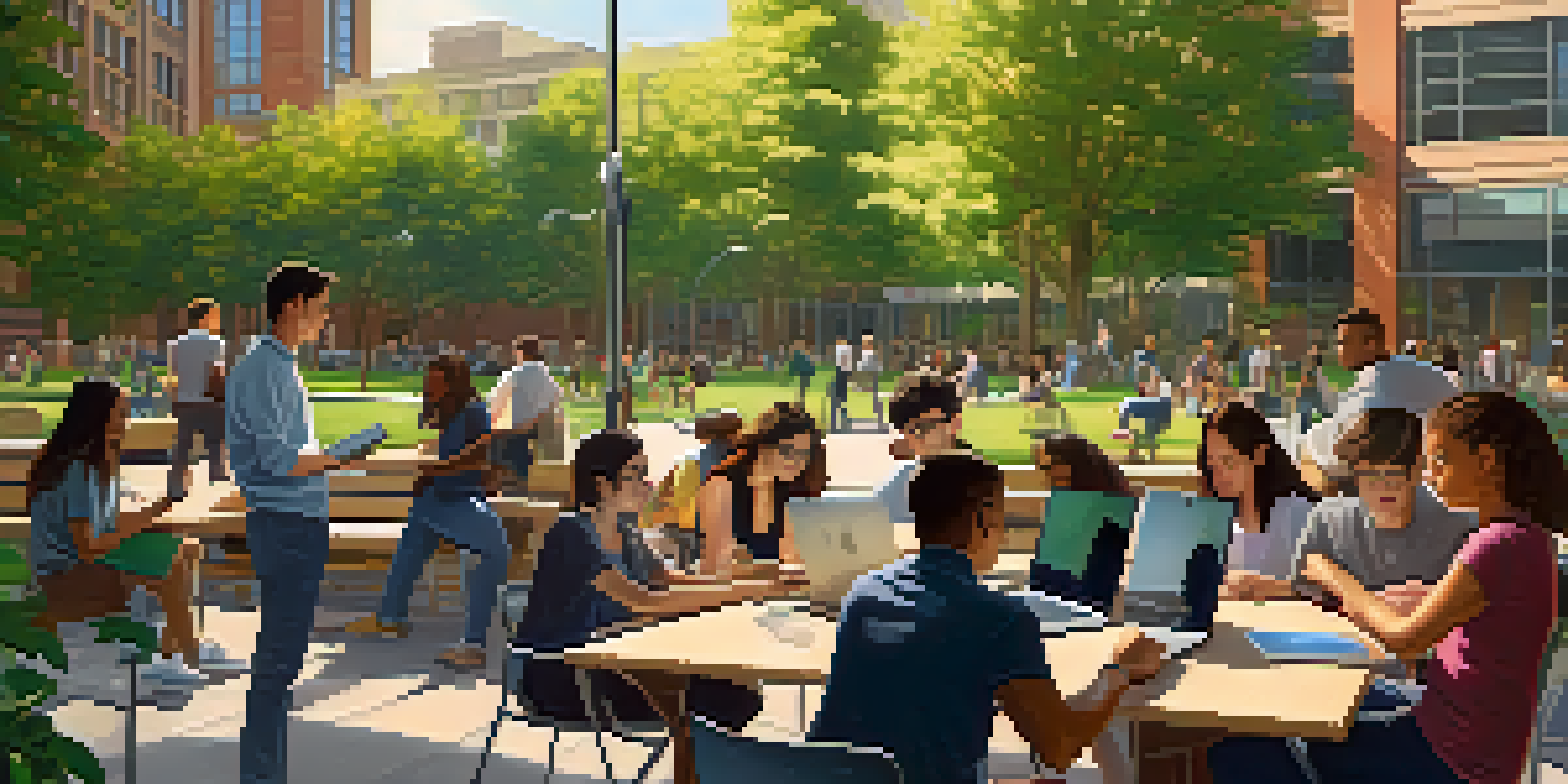 A diverse group of students collaborating on a laptop on a university campus, surrounded by modern buildings and greenery under warm sunlight.