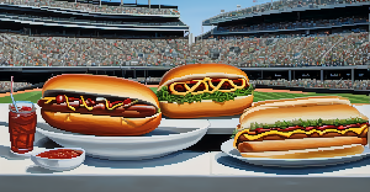A close-up of various Chicago-style food items available at Guaranteed Rate Field, including hot dogs and sandwiches, displayed in a vibrant stadium setting.