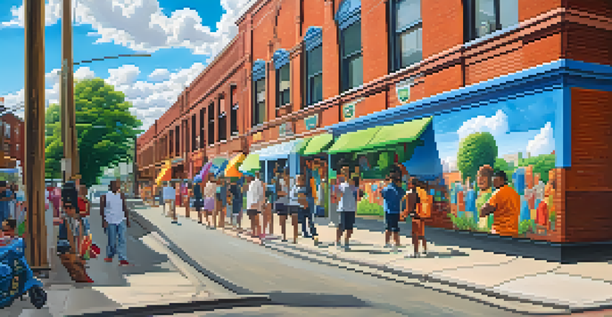 A lively street in Pilsen, Chicago, filled with colorful murals, artists at work, and people walking by, with a bright blue sky above.