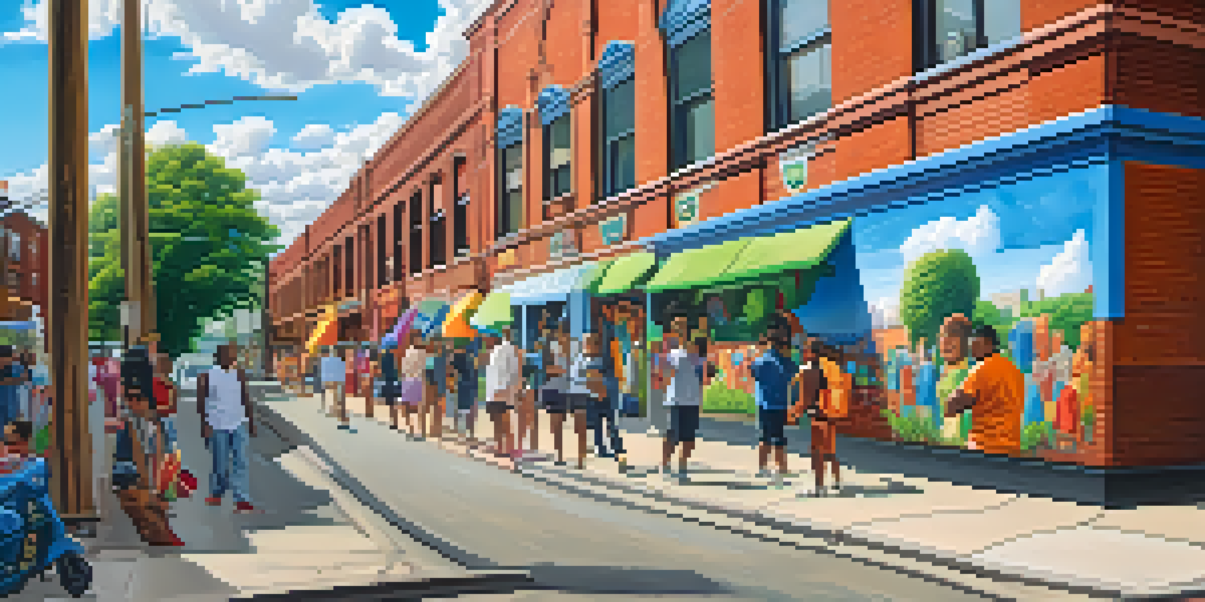 A lively street in Pilsen, Chicago, filled with colorful murals, artists at work, and people walking by, with a bright blue sky above.