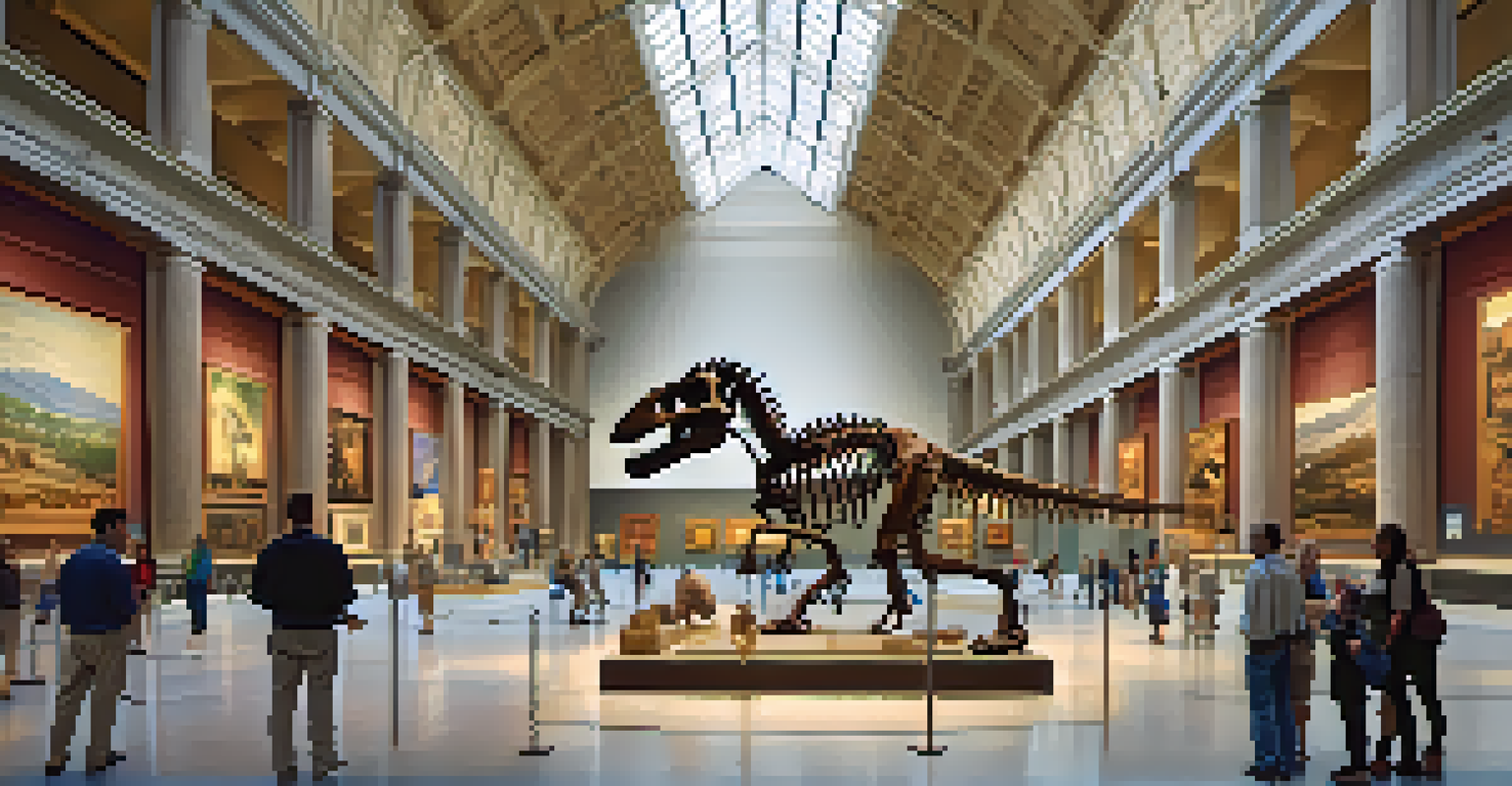 The interior of the Field Museum with the T. rex skeleton and various artifacts on display.