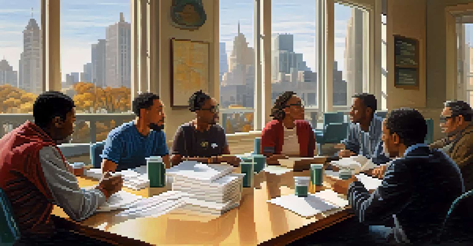 A community organization meeting with diverse members discussing around a table filled with documents and coffee cups, with a cityscape visible through a window.
