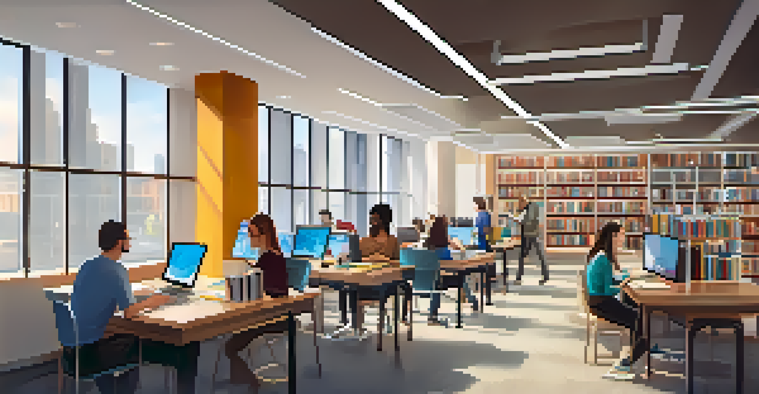 An adult learning area in a library with people using computers for online courses.