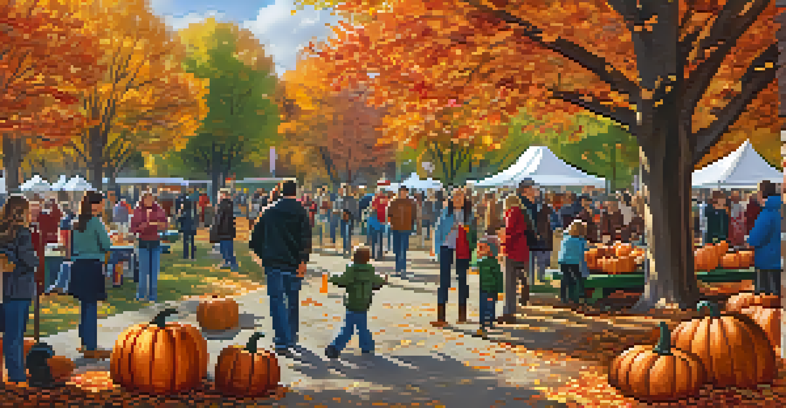 Families enjoying an autumn festival in a Chicago park with colorful leaves, pumpkin carving, and stalls filled with food and crafts.