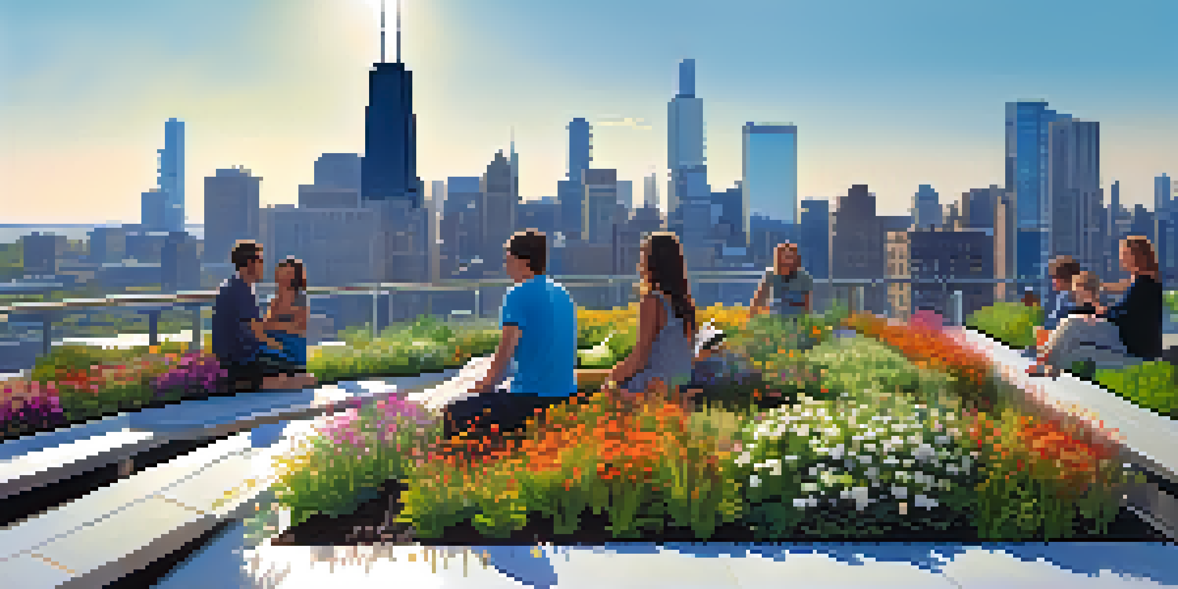 A panoramic view of a green roof garden with flowers and plants, overlooking the Chicago skyline on a sunny day.