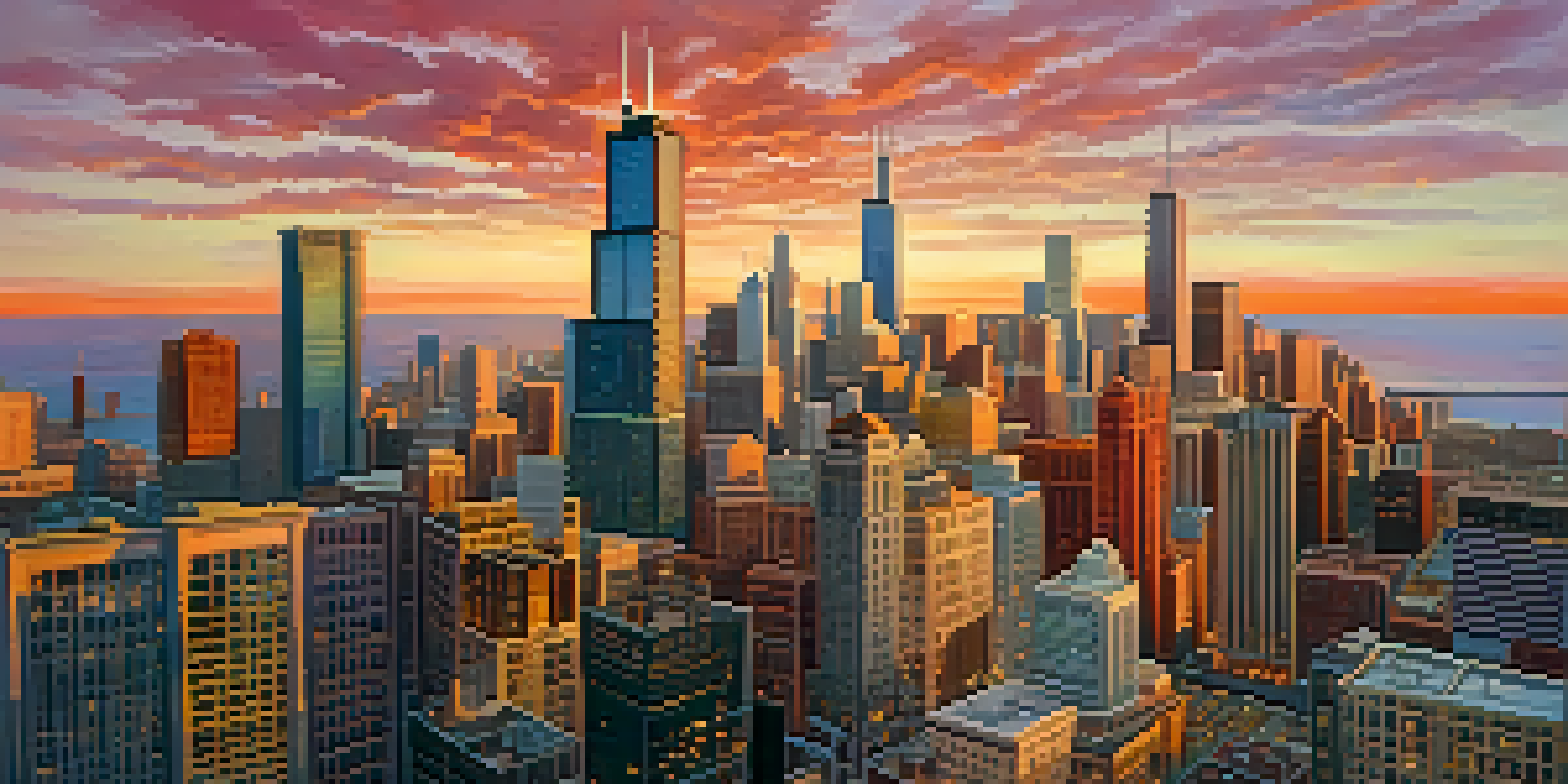 A sunset view of Chicago's skyline with diverse women in professional attire discussing in the foreground.