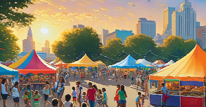 A lively outdoor festival in Chicago with families participating in activities, colorful food stalls, and a warm sunset.