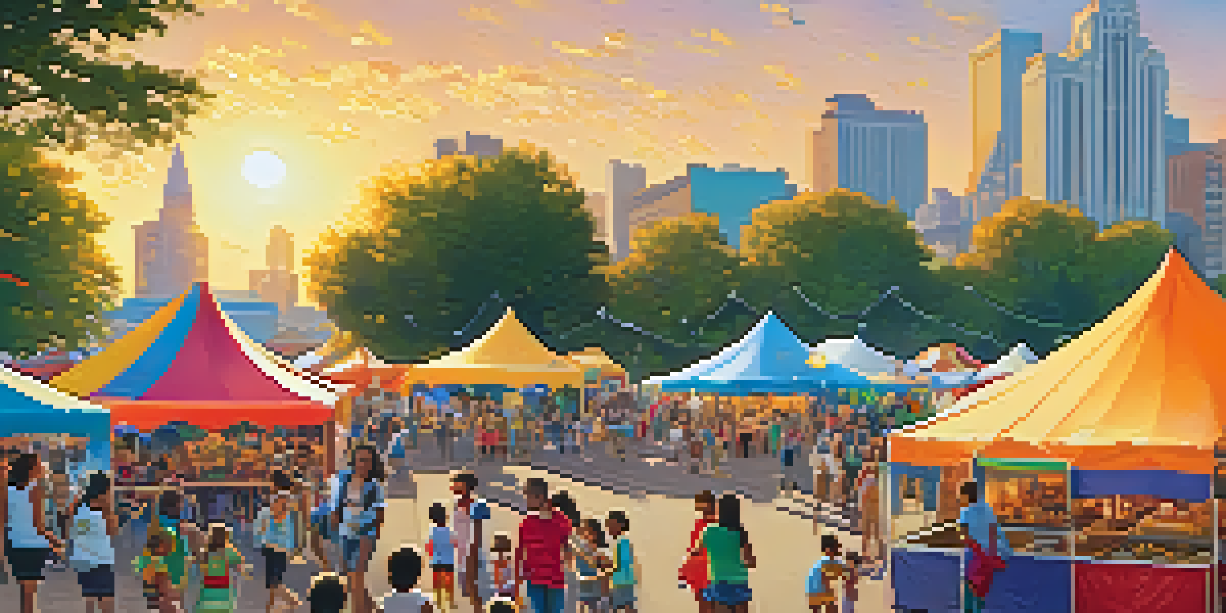 A lively outdoor festival in Chicago with families participating in activities, colorful food stalls, and a warm sunset.