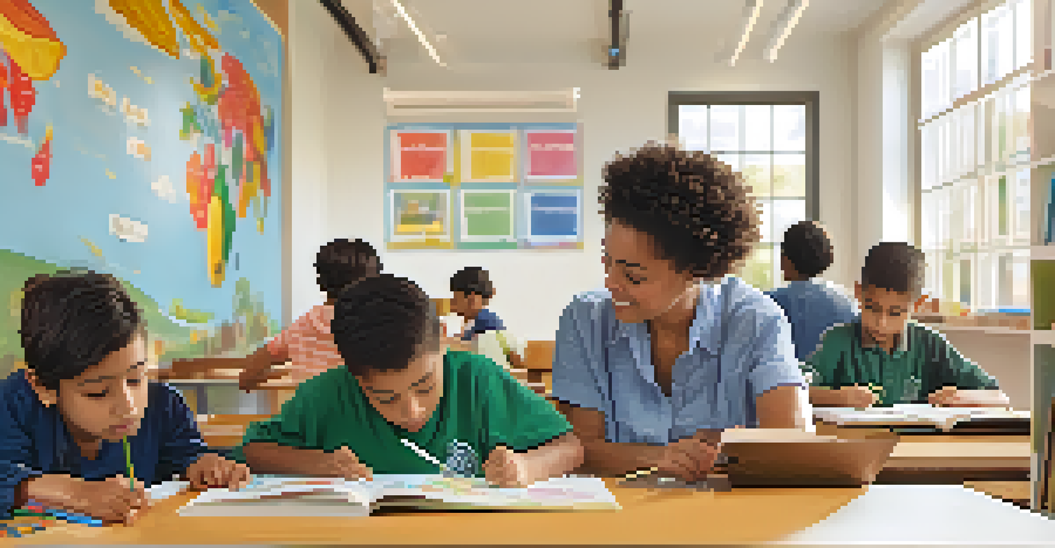 A bright classroom with a volunteer tutoring a young boy, surrounded by educational posters and a bookshelf filled with books.