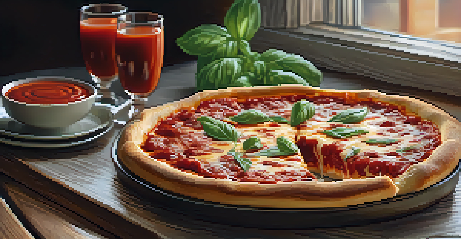 A close-up of a Chicago-style deep-dish pizza on a wooden table.