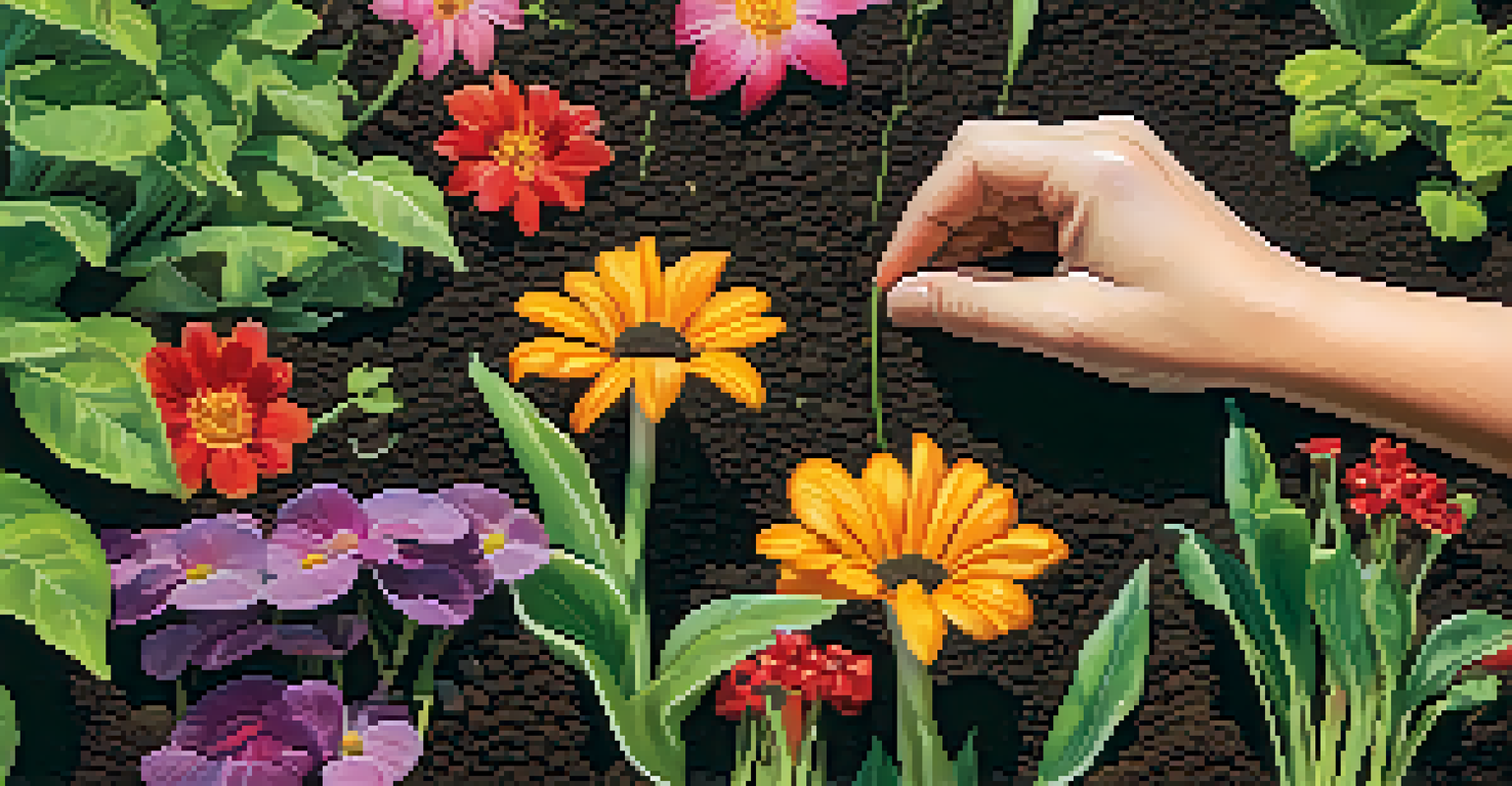 Close-up of hands planting seedlings in soil, with colorful flowers blurred in the background.