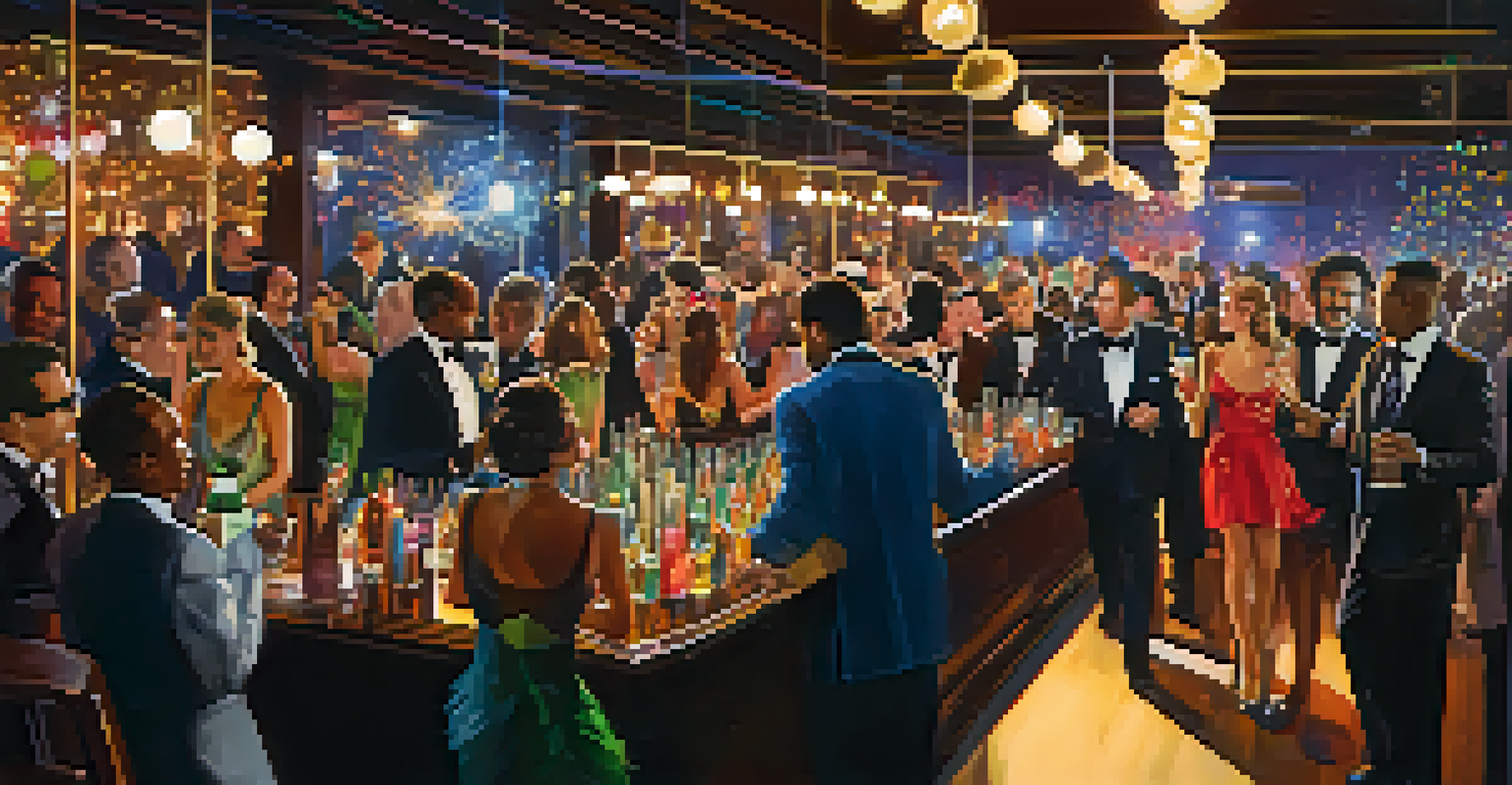 A bustling New Year's Eve party in a Chicago bar with people dancing and enjoying colorful drinks.