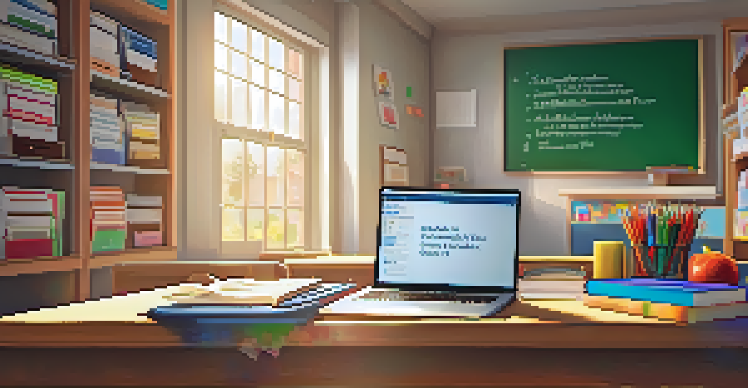 A teacher's desk in a classroom, showcasing an open lesson plan, laptop, and colorful educational materials.
