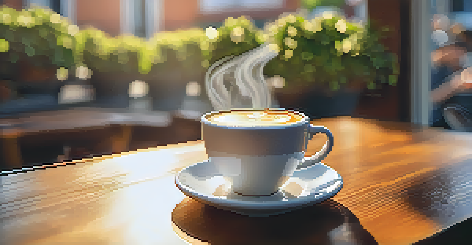 A close-up of a cup of coffee with intricate latte art on a wooden table, with a sunny coffee shop atmosphere in the background.
