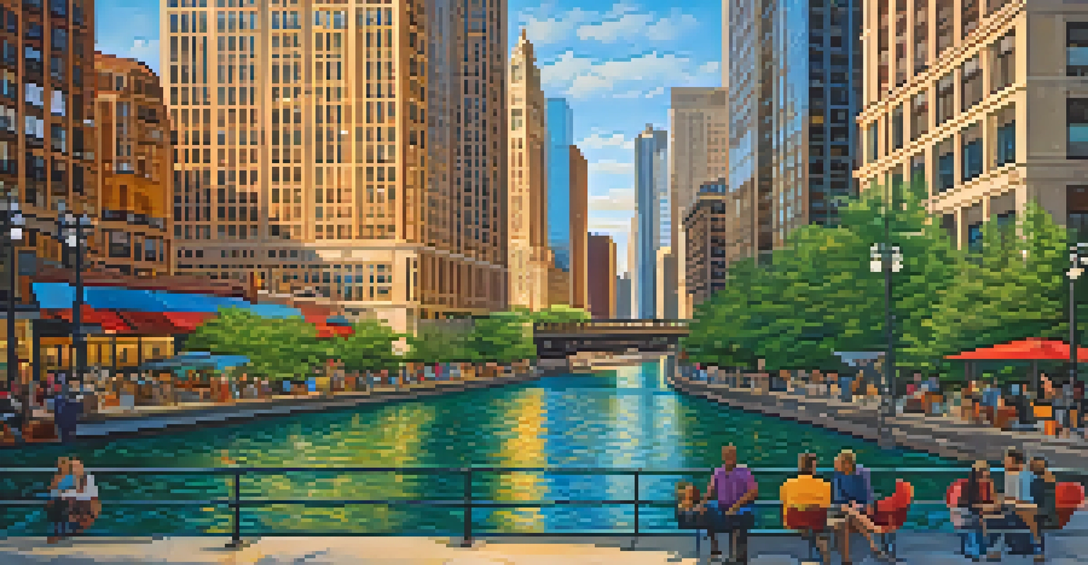 A series of murals along the Chicago Riverwalk, depicting nature and urban life, glowing in the warm light of the golden hour.