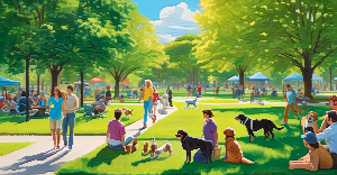 A sunny pet-friendly park with dogs playing and owners chatting under the trees.