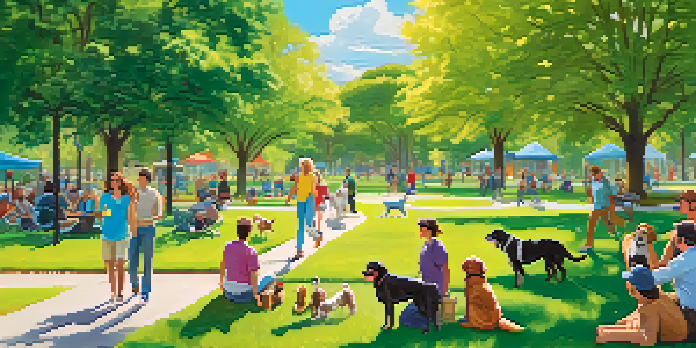 A sunny pet-friendly park with dogs playing and owners chatting under the trees.
