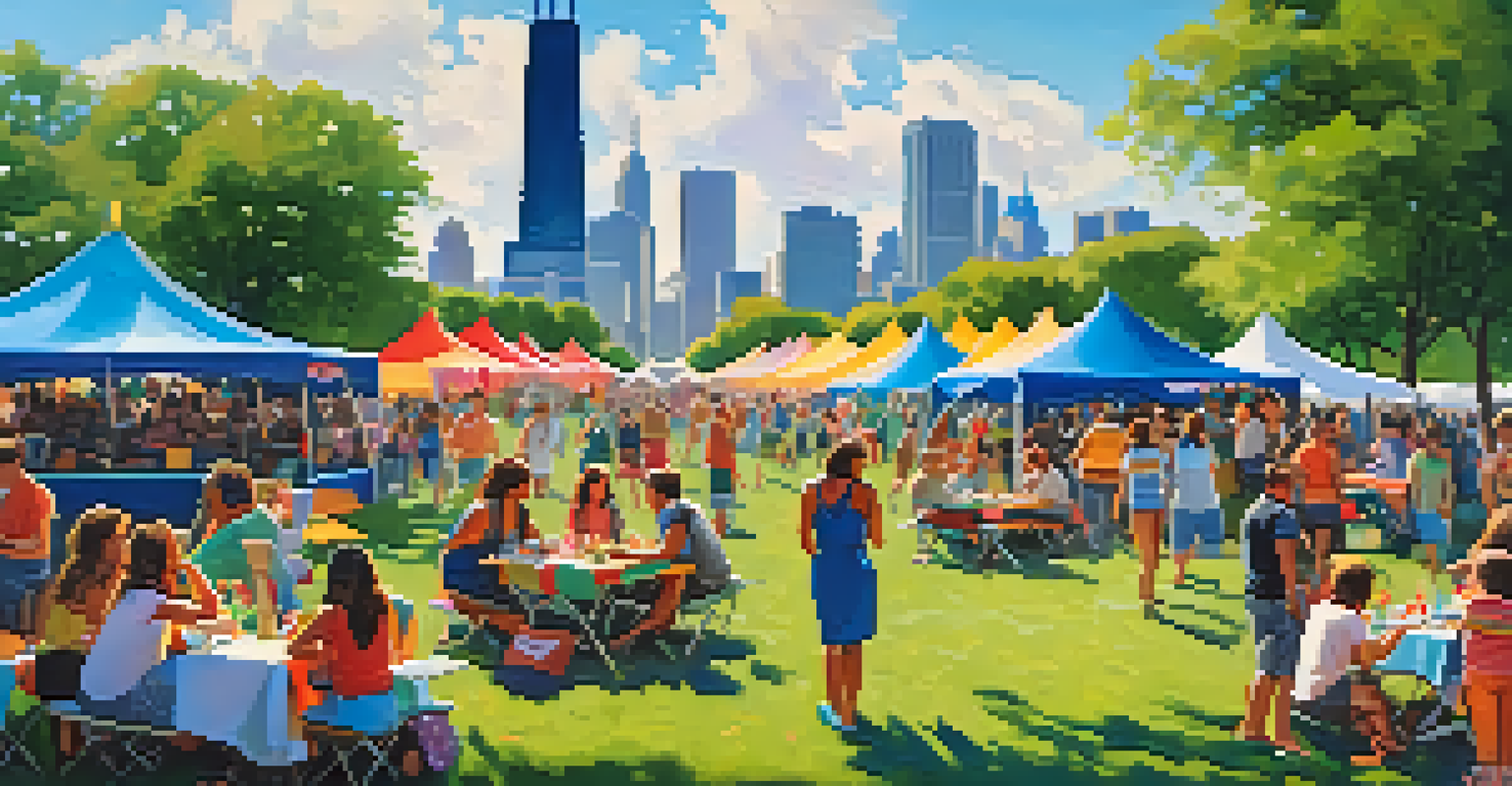 A bustling summer festival in Grant Park, featuring food stalls, live music, and families enjoying the vibrant atmosphere.