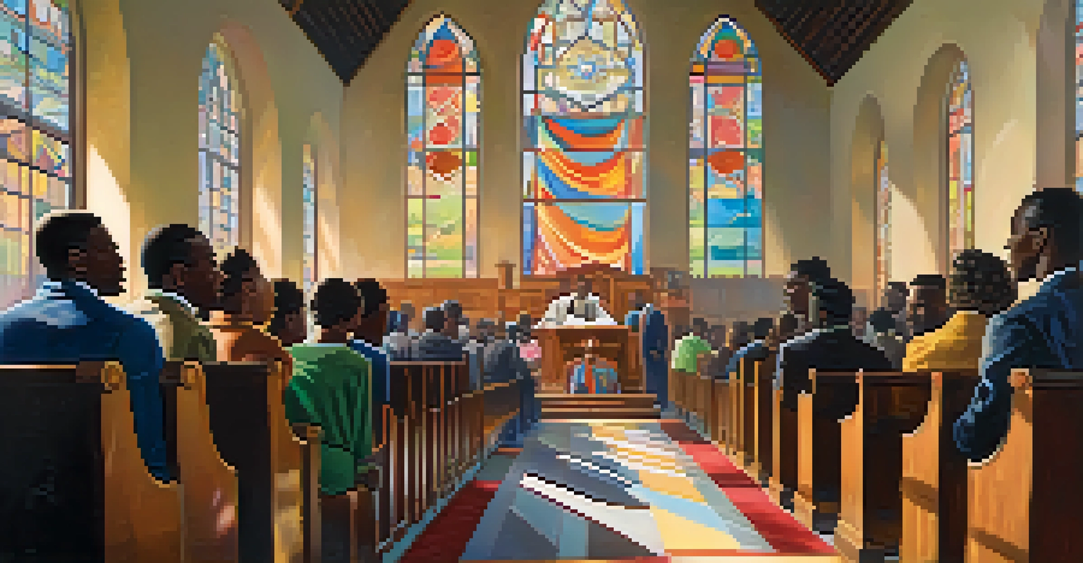 An interior view of a church gathering during the Great Migration, with a diverse group of African Americans listening to a pastor, illuminated by sunlight through stained glass windows.