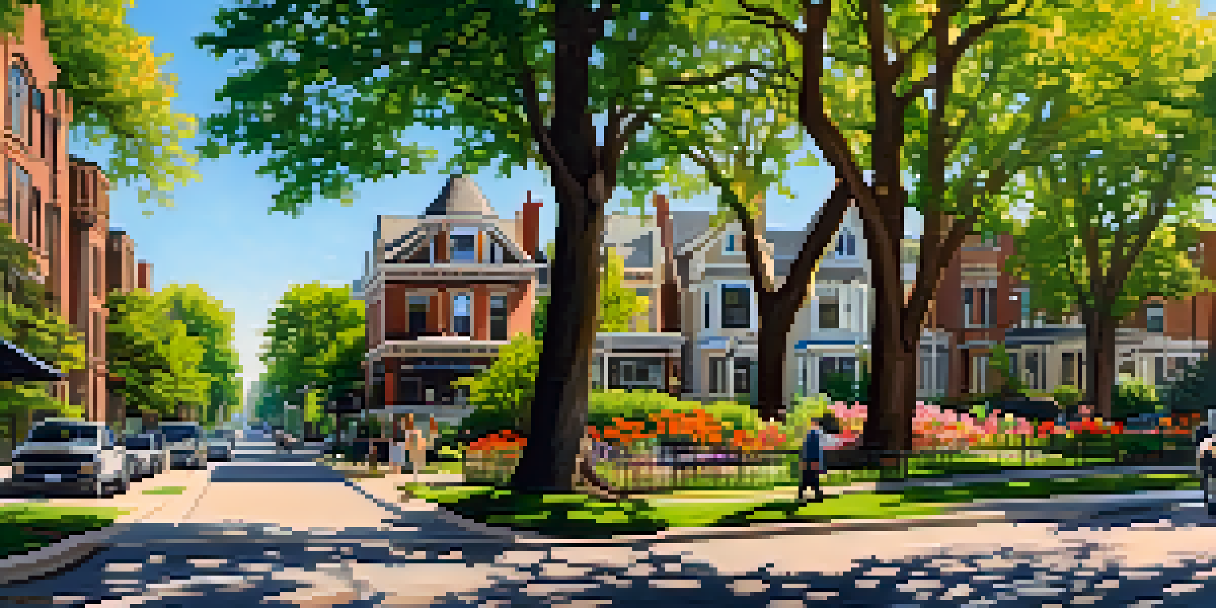A vibrant street in Lincoln Park showcasing a blend of historic Victorian homes and modern condos under golden sunlight.