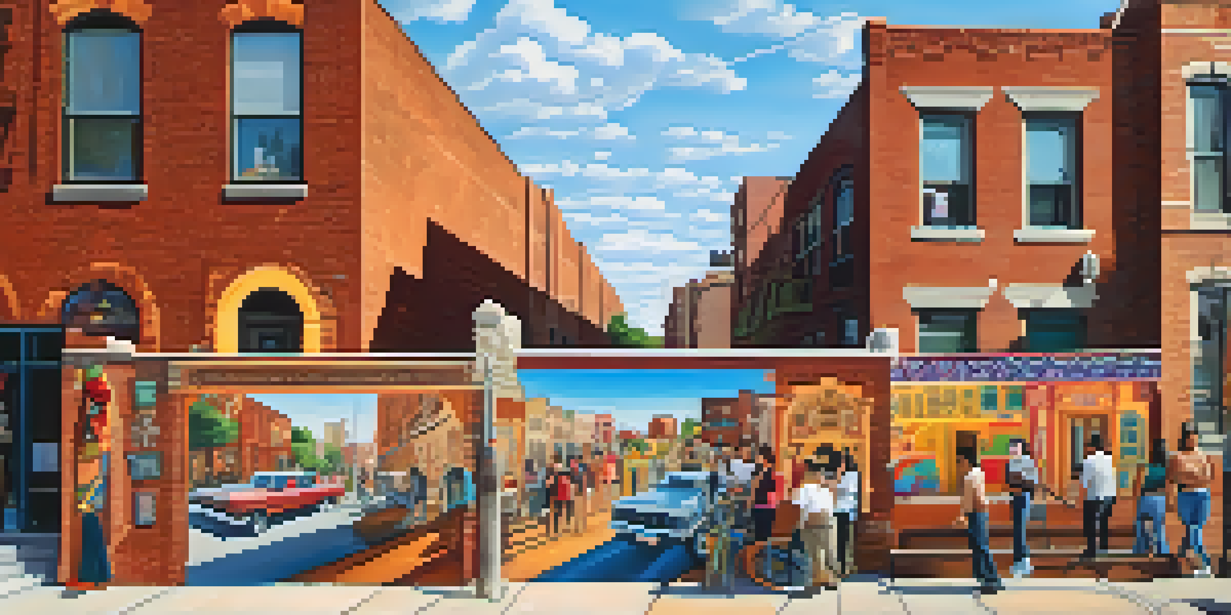 A lively street in Pilsen filled with colorful murals, local artists, shops, and Mexican restaurants under a bright sky.