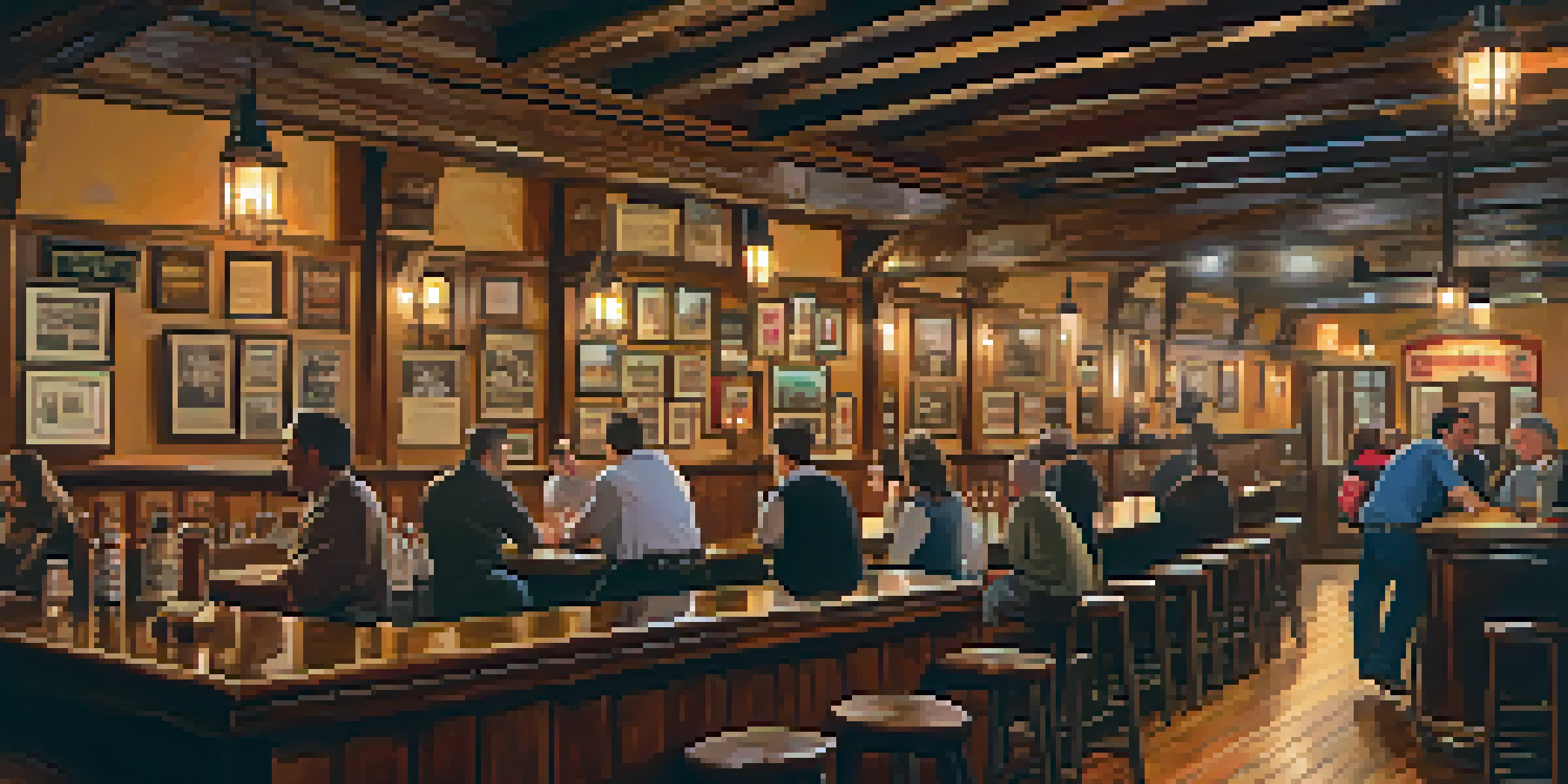 A warm and inviting interior of a historic Chicago pub with wooden beams and vintage decor, featuring patrons enjoying craft beer.