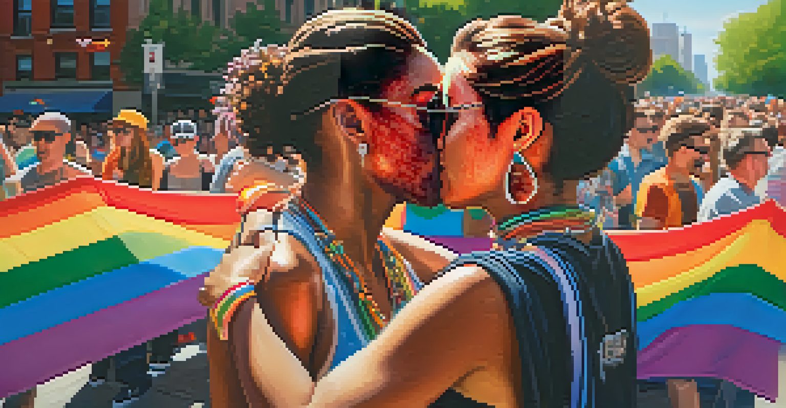 Two friends embracing at the Chicago Pride Parade, wearing rainbow accessories, with a festive backdrop of decorated storefronts and joyful attendees.
